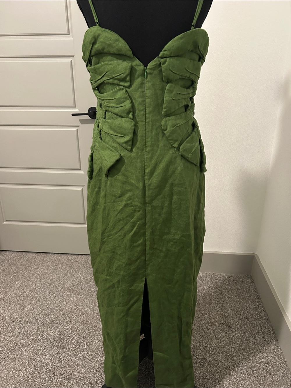 FARM Rio Linen Olive Green Sculpted Maxi Dress with Strappy Shoulders - Picture 2 of 2